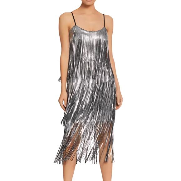 Dress the Population Medium Roxy Silver Sequin Fringe Party Art Deco Flapper 20s - Picture 1 of 14